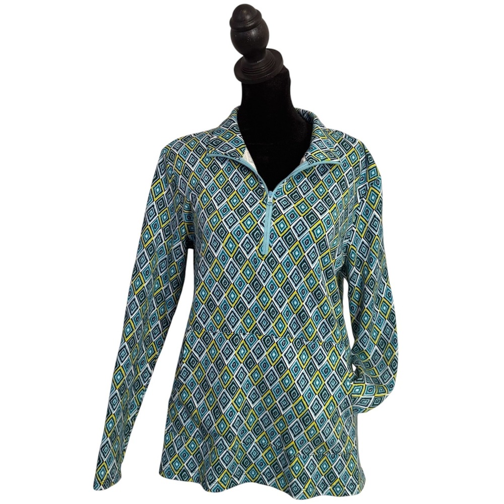 T by Talbots Quarter Zip Pullover Womens S Green Geometric Diamond Print Top - Picture 4 of 9